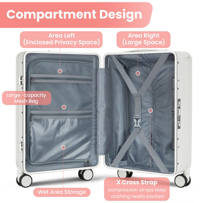 Airline-Approved 20-Inch Aluminum Frame Carry-On Luggage with Front Access, TSA Lock, and 360° Double Wheels - Perfect for Business Travel