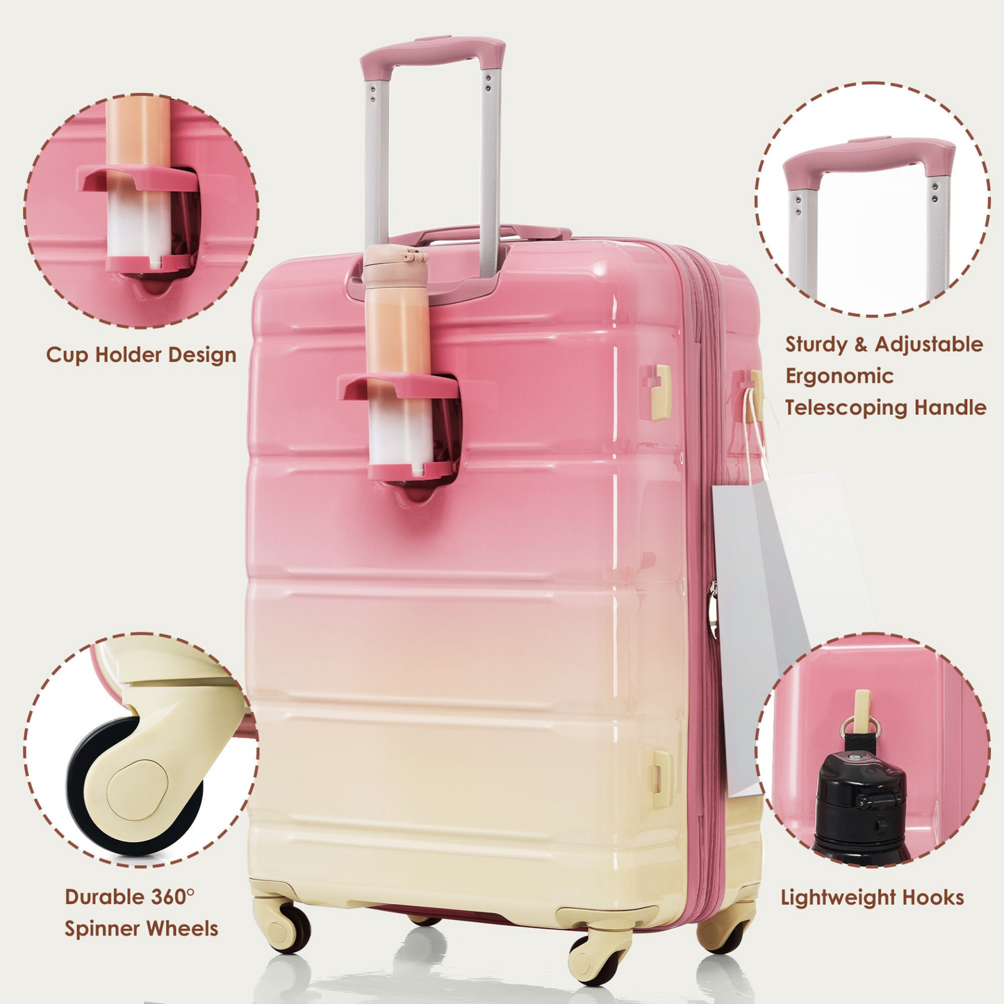 Gradient Pink 4-Piece Luggage Set - Includes 20" USB Port Carry-On, Expandable ABS Durable Suitcase, Travel Bag with Cup Holder, and Spinner Wheels