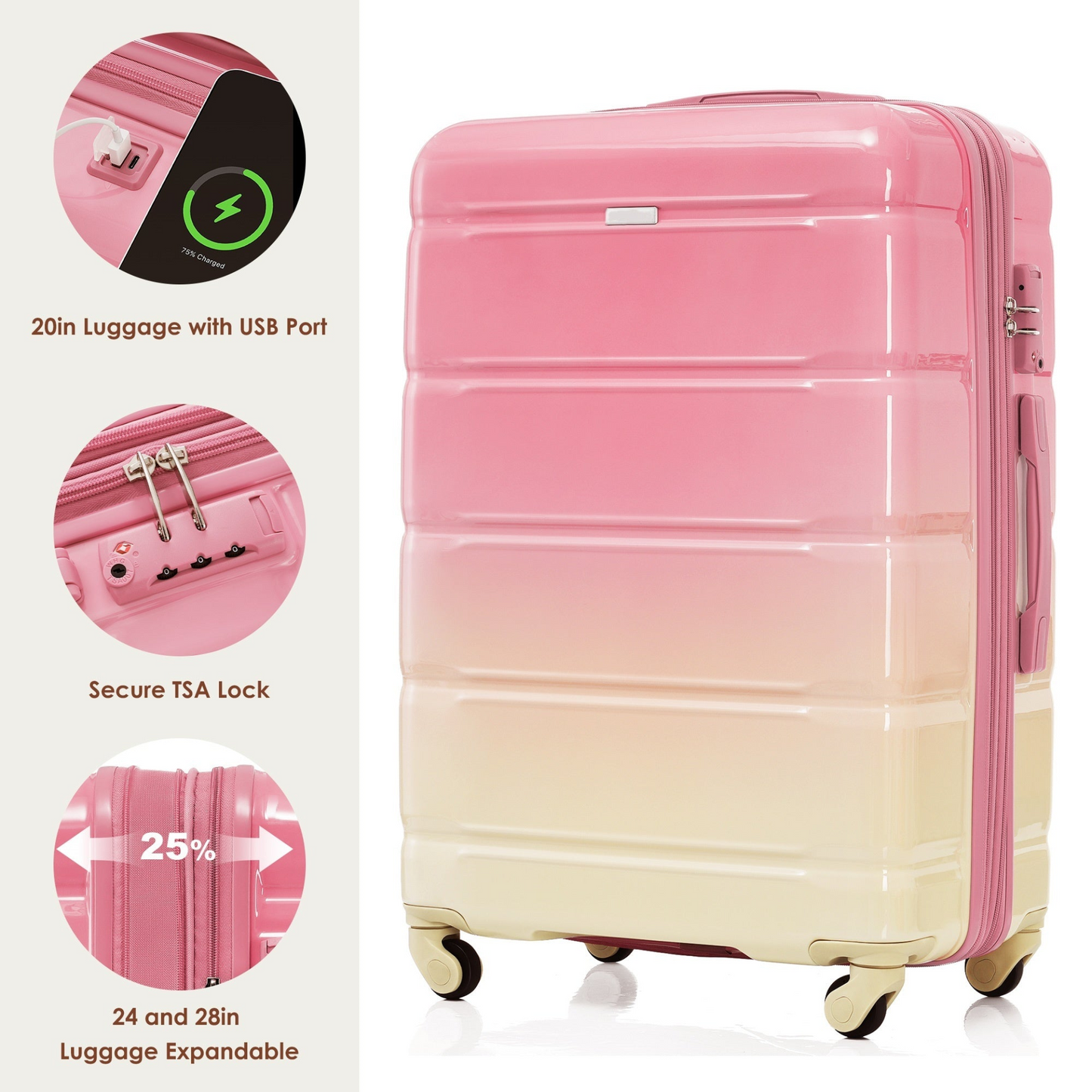 Gradient Pink 4-Piece Luggage Set - Includes 20" USB Port Carry-On, Expandable ABS Durable Suitcase, Travel Bag with Cup Holder, and Spinner Wheels