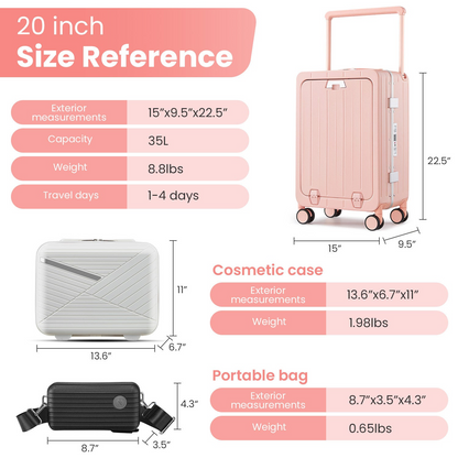 Aluminum Frame 20" Carry-On Luggage - Airline Approved PC Hard Shell Suitcase with Front Open Compartment, 360° Double Wheels, and TSA Lock - Ideal for Business Travel