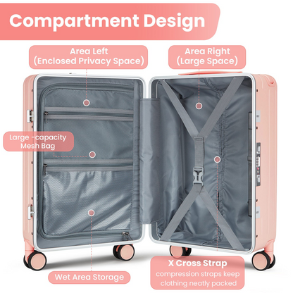 Aluminum Frame 20" Carry-On Luggage - Airline Approved PC Hard Shell Suitcase with Front Open Compartment, 360° Double Wheels, and TSA Lock - Ideal for Business Travel