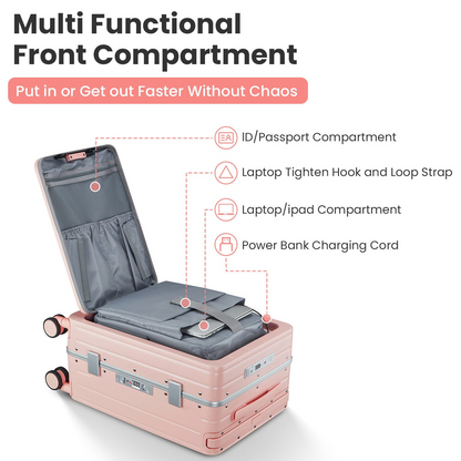 Aluminum Frame 20" Carry-On Luggage - Airline Approved PC Hard Shell Suitcase with Front Open Compartment, 360° Double Wheels, and TSA Lock - Ideal for Business Travel