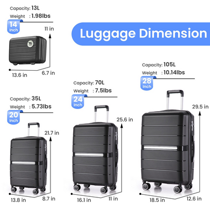 Lightweight & Durable 4-Piece Luggage Set (14/20/24/28) - Expandable Suitcases with TSA Lock & 360° Spinner Wheels