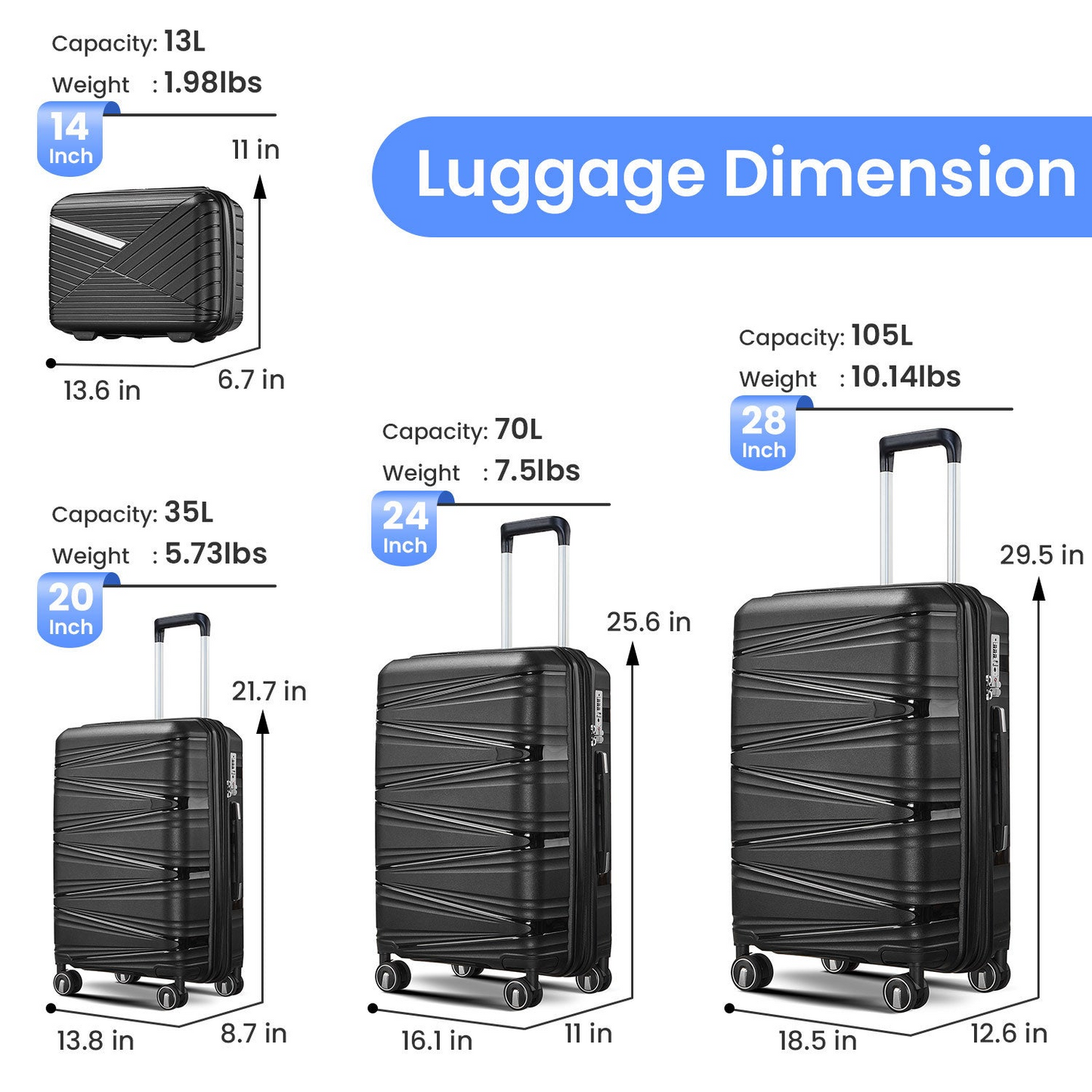 Lightweight 4 Piece Luggage Set with TSA Lock and Spinner Wheels - Hard Shell Expandable Suitcases (14/20/24/28 inches) for Men and Women