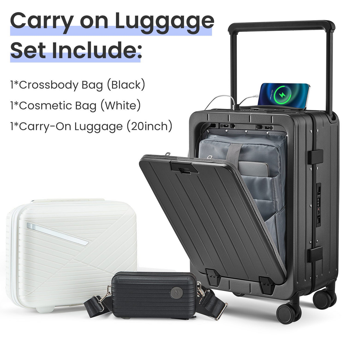 Premium 20 Inch Aluminum Frame Carry-On Luggage - Lightweight PC Hard Shell, 360° Double Wheels, TSA Lock & Front Open Compartment - Ideal for Business Travel