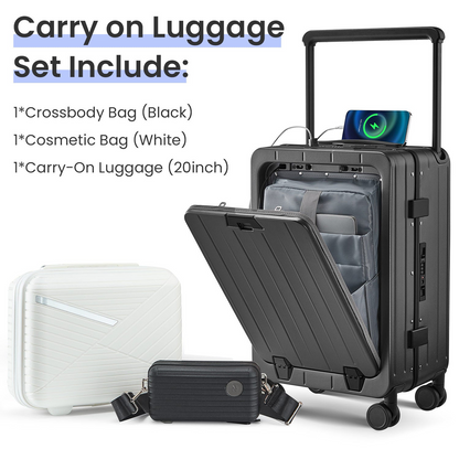 Premium 20 Inch Aluminum Frame Carry-On Luggage - Lightweight PC Hard Shell, 360° Double Wheels, TSA Lock & Front Open Compartment - Ideal for Business Travel