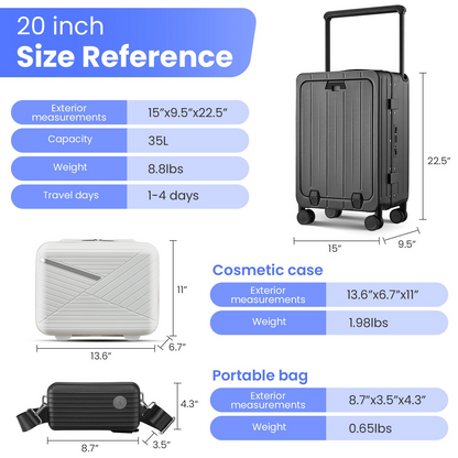 Premium 20 Inch Aluminum Frame Carry-On Luggage - Lightweight PC Hard Shell, 360° Double Wheels, TSA Lock & Front Open Compartment - Ideal for Business Travel