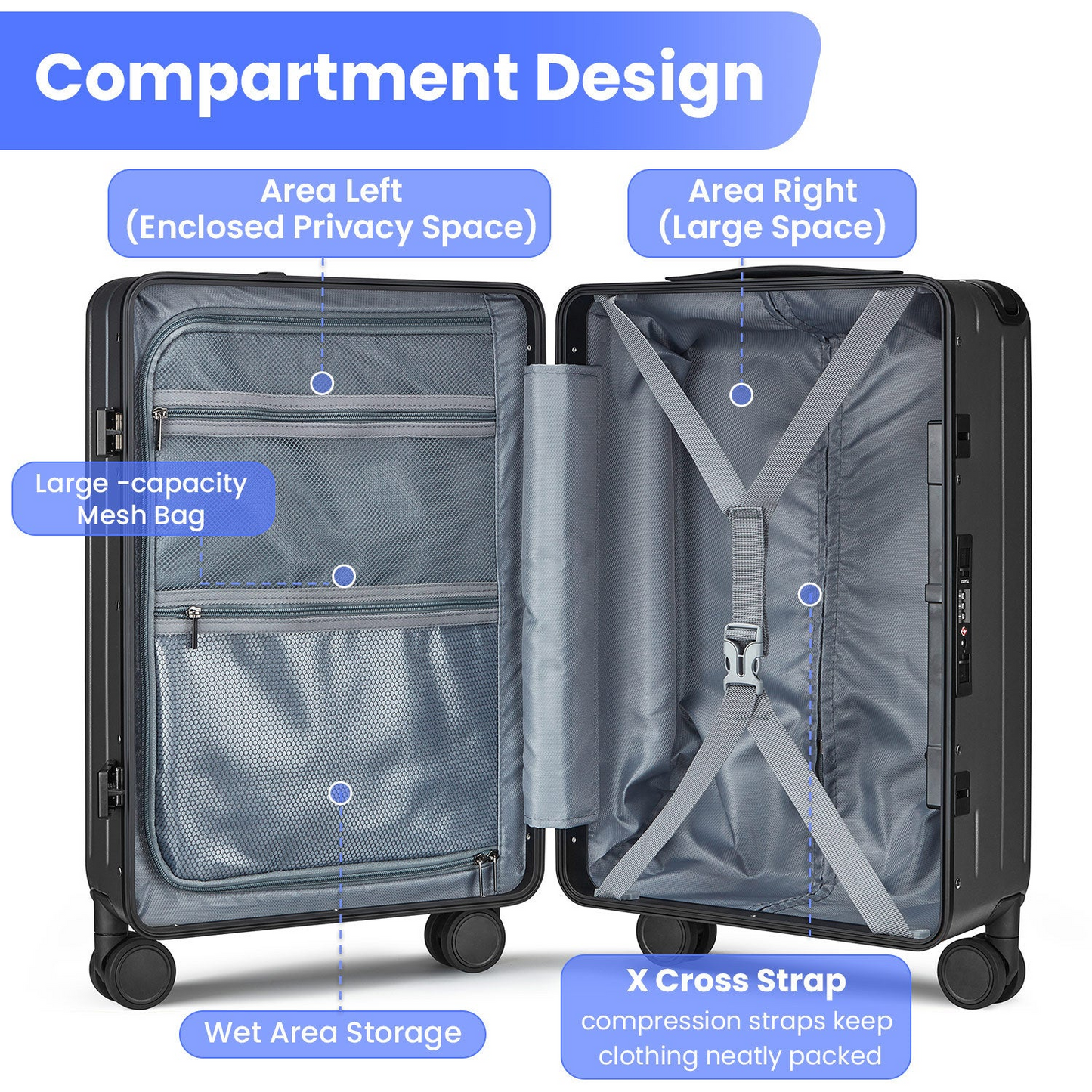 Premium 20 Inch Aluminum Frame Carry-On Luggage - Lightweight PC Hard Shell, 360° Double Wheels, TSA Lock & Front Open Compartment - Ideal for Business Travel