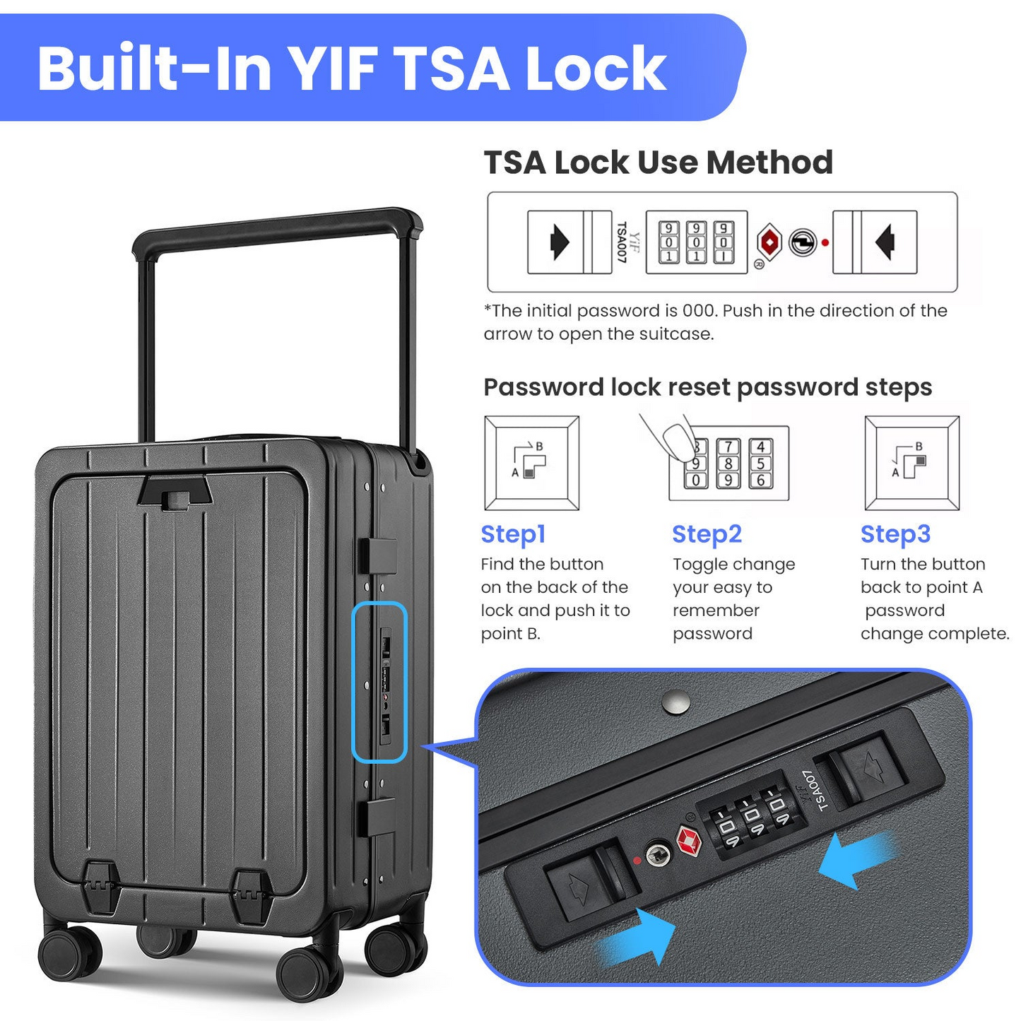 Premium 20 Inch Aluminum Frame Carry-On Luggage - Lightweight PC Hard Shell, 360° Double Wheels, TSA Lock & Front Open Compartment - Ideal for Business Travel