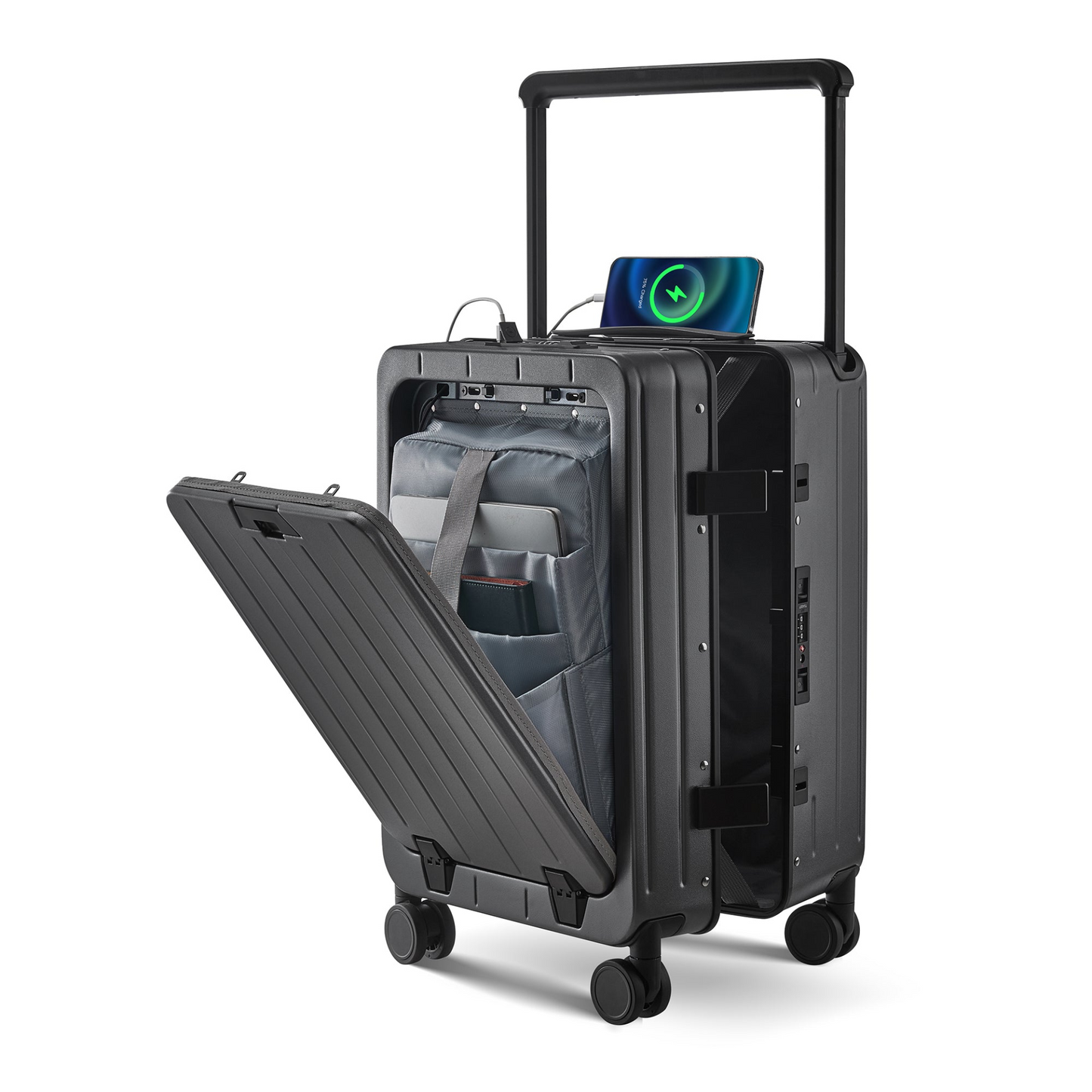 Premium 20 Inch Aluminum Frame Carry-On Luggage - Lightweight PC Hard Shell, 360° Double Wheels, TSA Lock & Front Open Compartment - Ideal for Business Travel