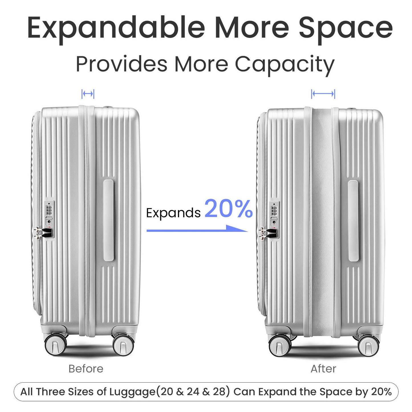 Expandable 3-Piece Luggage Set (20/24/28) with TSA Lock - Lightweight, Airline Approved, 100% PC Hard Shell, Front Pocket & Spinner Wheels