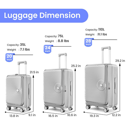 Expandable 3-Piece Luggage Set (20/24/28) with TSA Lock - Lightweight, Airline Approved, 100% PC Hard Shell, Front Pocket & Spinner Wheels