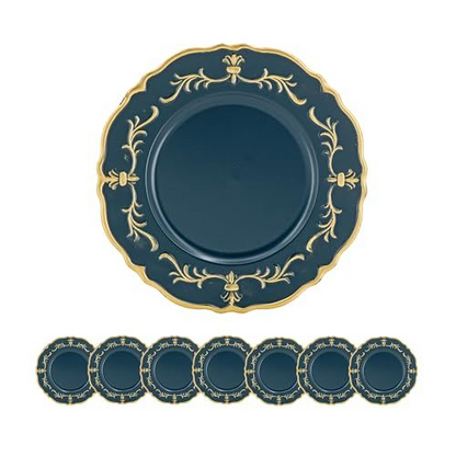 8 Pack 13" Plastic Charger Plates - Premium Quality Blue & Gold Dining Tableware for Weddings, Parties, and Events