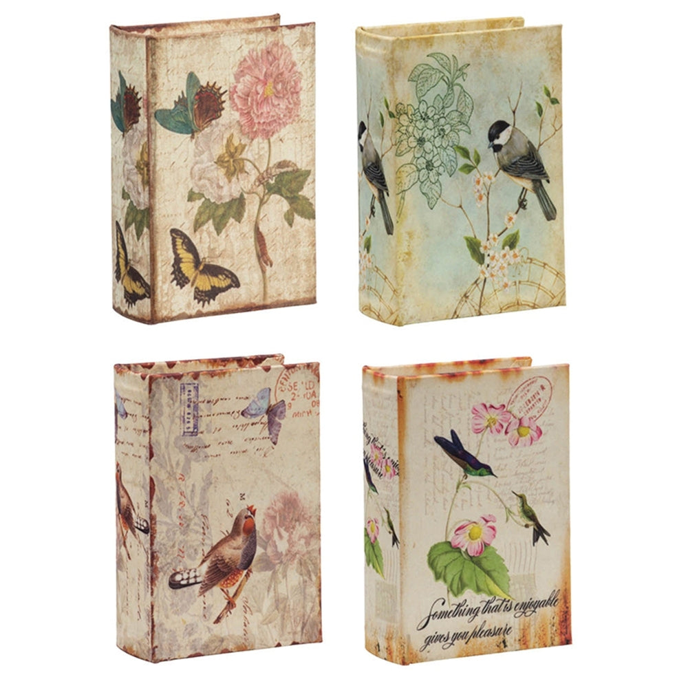 Charming Decorative Book Boxes Set of 4 with Birds, Flowers, Handwriting Design – 5.5x4x2 Inches – Ideal for Keepsakes, Home Decor, Gifts