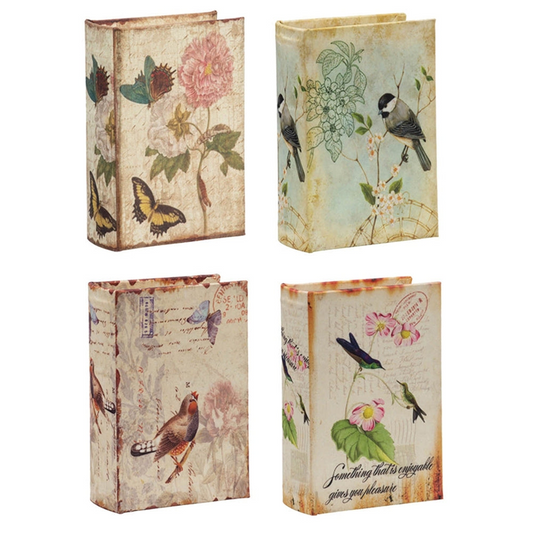 Charming Decorative Book Boxes Set of 4 with Birds, Flowers, Handwriting Design – 5.5x4x2 Inches – Ideal for Keepsakes, Home Decor, Gifts