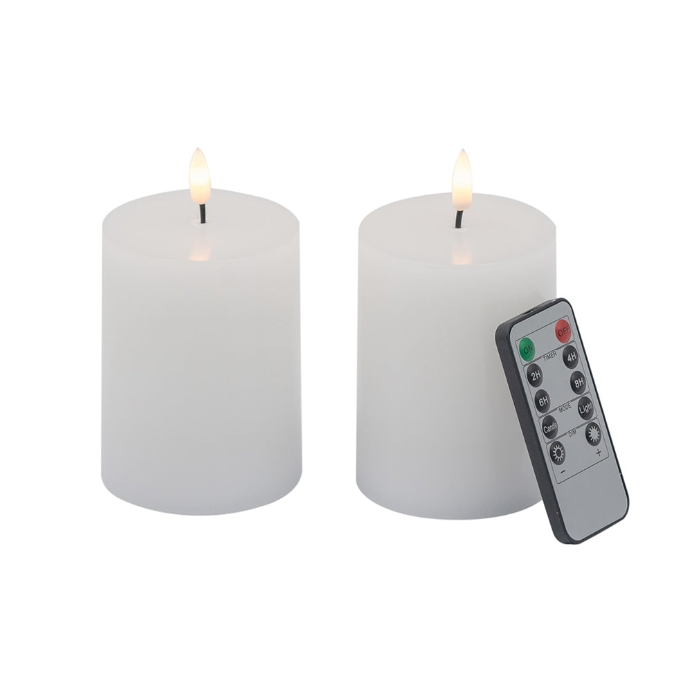 Set of 2 Real Wax White LED Candles with Wick & Remote Control Timer - 3x4 Inches | Flameless Flickering Pillar Candles for Home Decor & Gifts