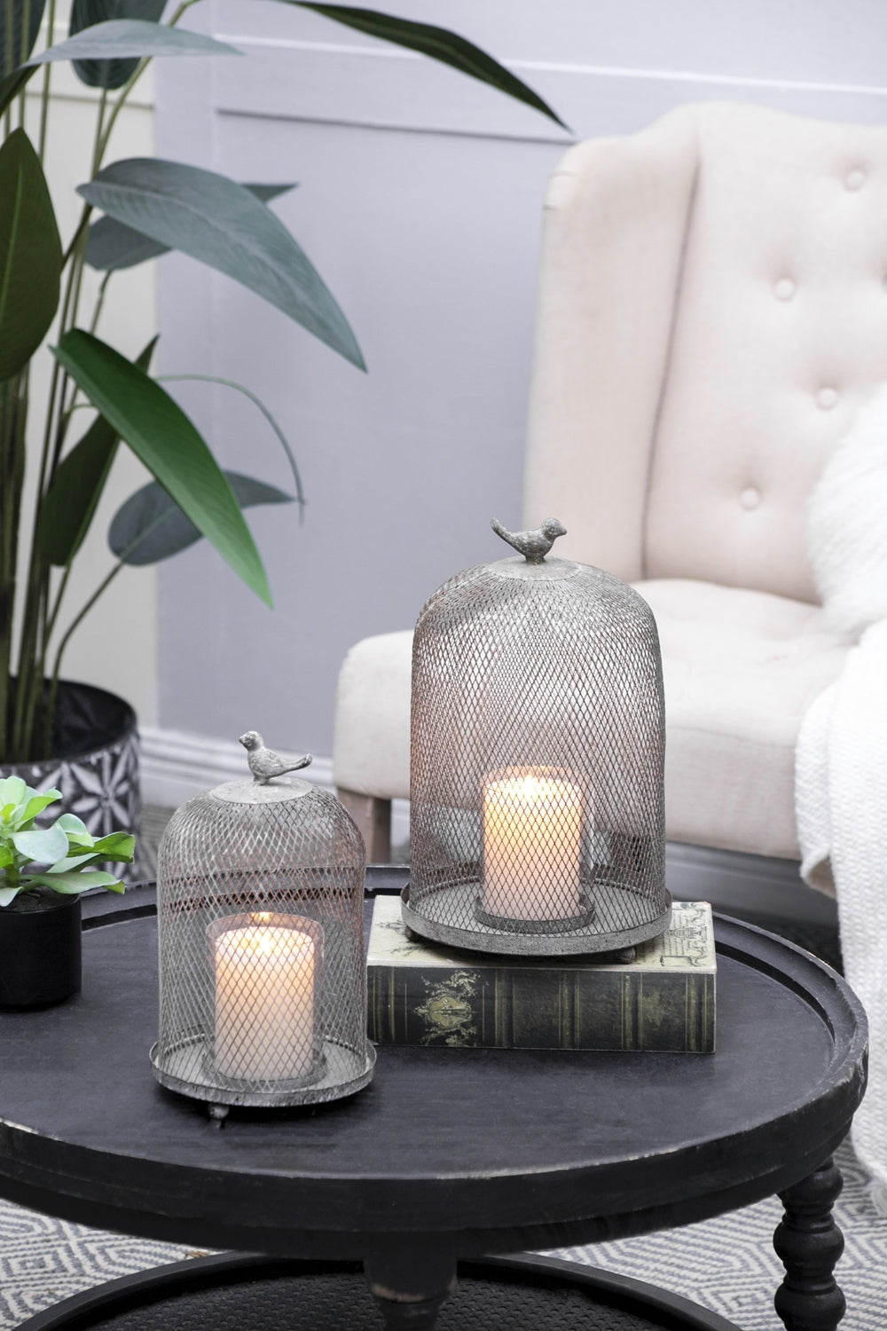 Charming Set of 2 Ophira Sparrow Antique Gray Mesh Candle Holders - Elegant Home Décor Accents, Ideal for Living Room, Bedroom & More - L: D8.5x13" & S: D7x10"