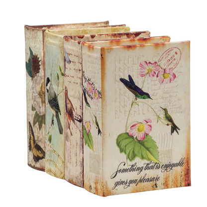 Charming Decorative Book Boxes Set of 4 with Birds, Flowers, Handwriting Design – 5.5x4x2 Inches – Ideal for Keepsakes, Home Decor, Gifts