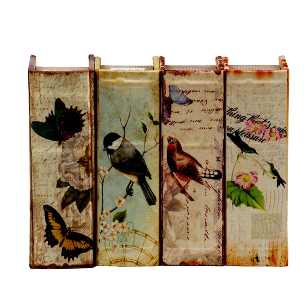 Charming Decorative Book Boxes Set of 4 with Birds, Flowers, Handwriting Design – 5.5x4x2 Inches – Ideal for Keepsakes, Home Decor, Gifts