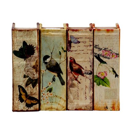 Charming Decorative Book Boxes Set of 4 with Birds, Flowers, Handwriting Design – 5.5x4x2 Inches – Ideal for Keepsakes, Home Decor, Gifts