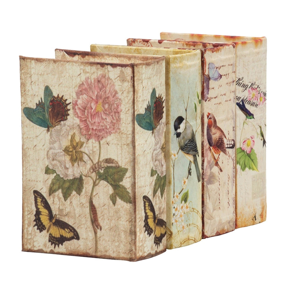 Charming Decorative Book Boxes Set of 4 with Birds, Flowers, Handwriting Design – 5.5x4x2 Inches – Ideal for Keepsakes, Home Decor, Gifts