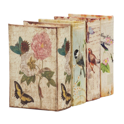 Charming Decorative Book Boxes Set of 4 with Birds, Flowers, Handwriting Design – 5.5x4x2 Inches – Ideal for Keepsakes, Home Decor, Gifts