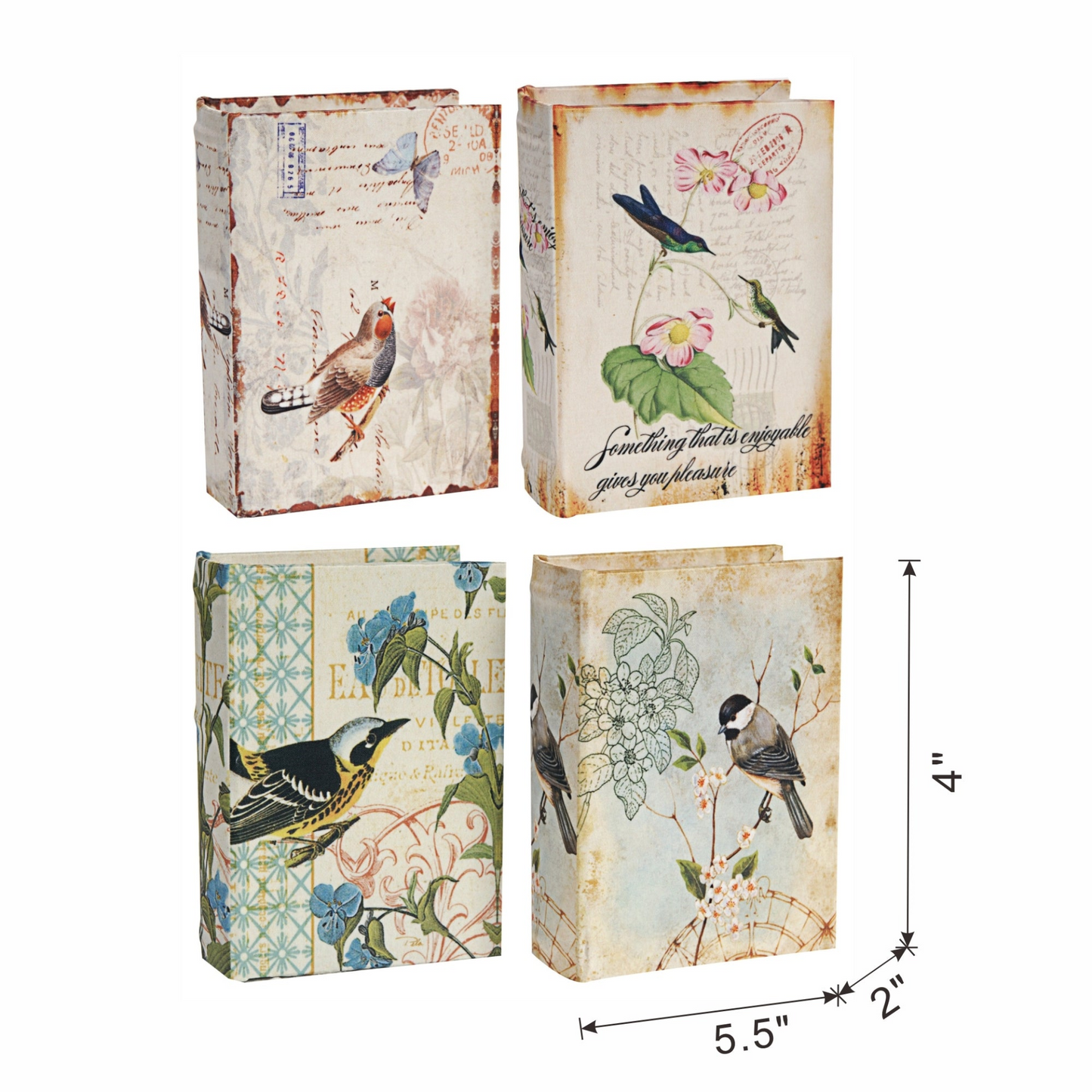 Charming Decorative Book Boxes Set of 4 with Birds, Flowers, Handwriting Design – 5.5x4x2 Inches – Ideal for Keepsakes, Home Decor, Gifts