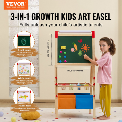 VEVOR 3-in-1 Kids Art Easel | Double-Sided Wooden Easel with Magnetic Whiteboard & Chalkboard | Adjustable Height, Non-Slip Feet, Easy Cleanup | Perfect Gift for Ages 3-14