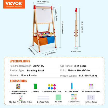 VEVOR 3-in-1 Kids Art Easel | Double-Sided Wooden Easel with Magnetic Whiteboard & Chalkboard | Adjustable Height, Non-Slip Feet, Easy Cleanup | Perfect Gift for Ages 3-14