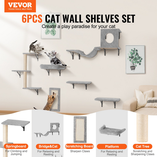 VEVOR Wall Mounted Cat Shelves Tree Set - 6-Piece Cat Activity Furniture with Hammock, Sofa, and Grip - Durable, Space-Saving Playground for Cats