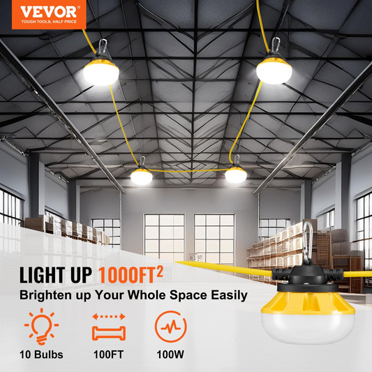 VEVOR 100FT Construction String Lights - 100W, 10000LM, Waterproof, Connectable Lighting Solution