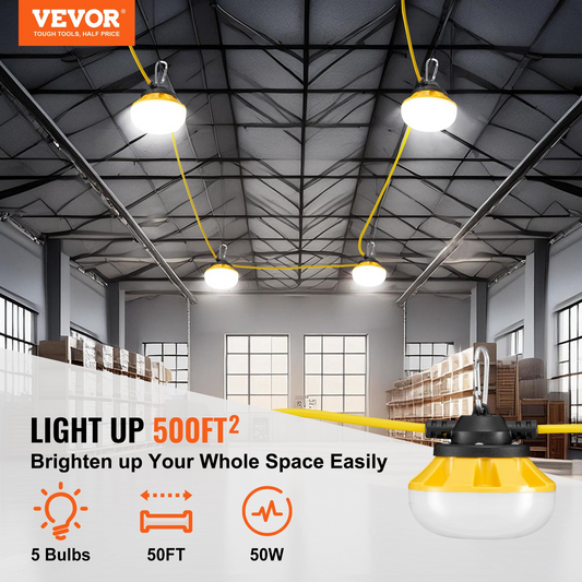 VEVOR 50FT LED Construction String Lights - 50W, 5000 Lumens, Connectable, Waterproof Work Lights for Outdoor Projects, Energy Efficient, Weather Resistant, Easy Installation
