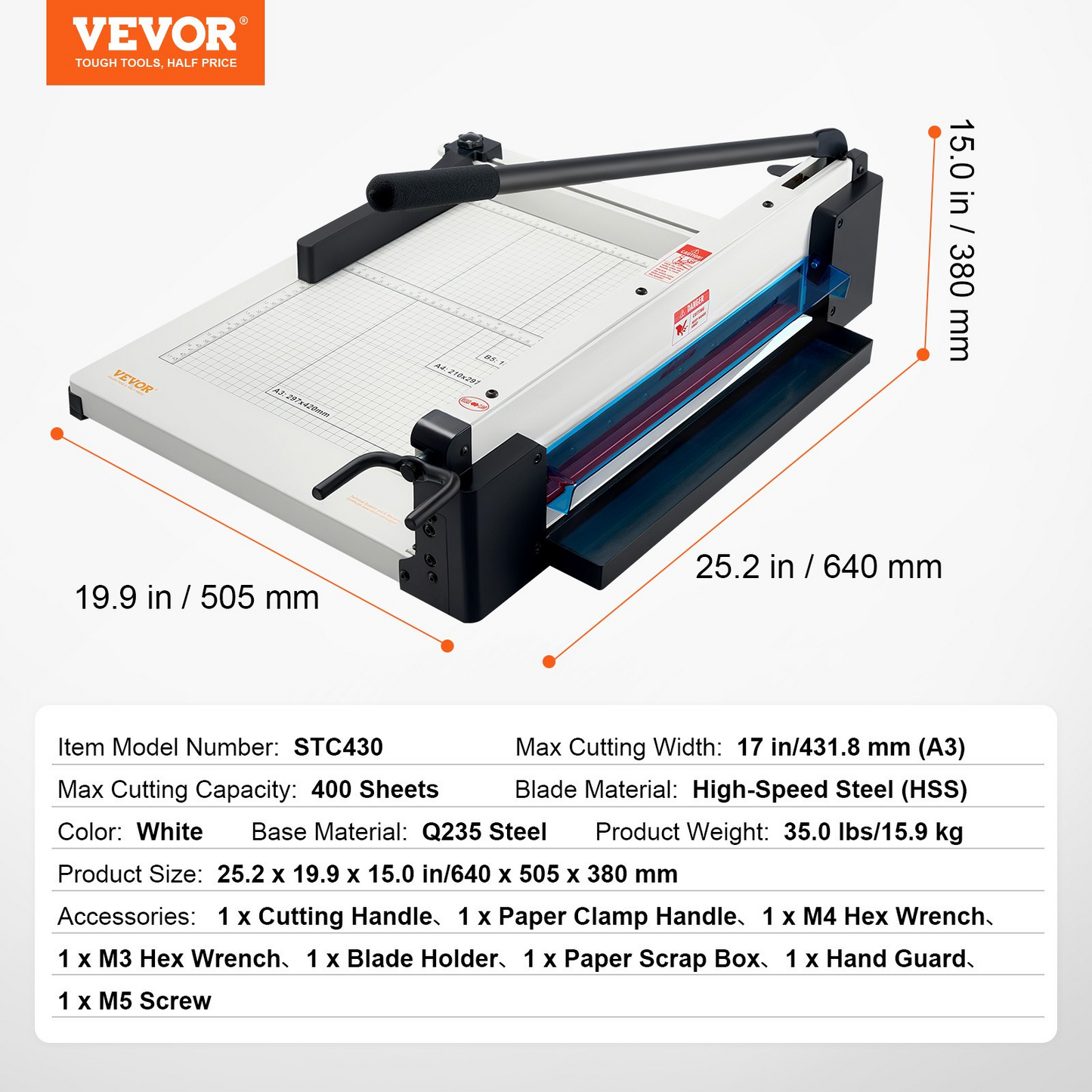 VEVOR 17" A3 Guillotine Paper Cutter - Precision Trimmer with 400 Sheet Capacity, Durable Metal Base, Ideal for Office, School, and Crafting Projects