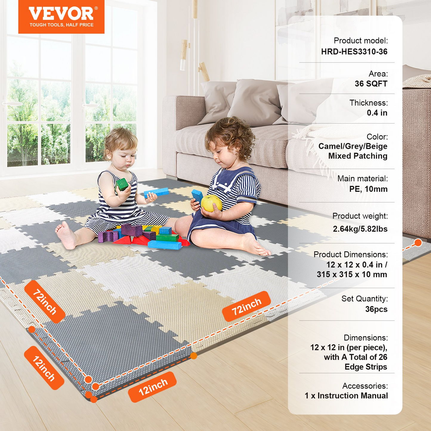 Kids Foam Puzzle Floor Playmat - 36 Interlocking EVA Soft Tiles, 0.4 Inches Thick, Safe & Comfortable Play Area for Playrooms, Nurseries & Daycares