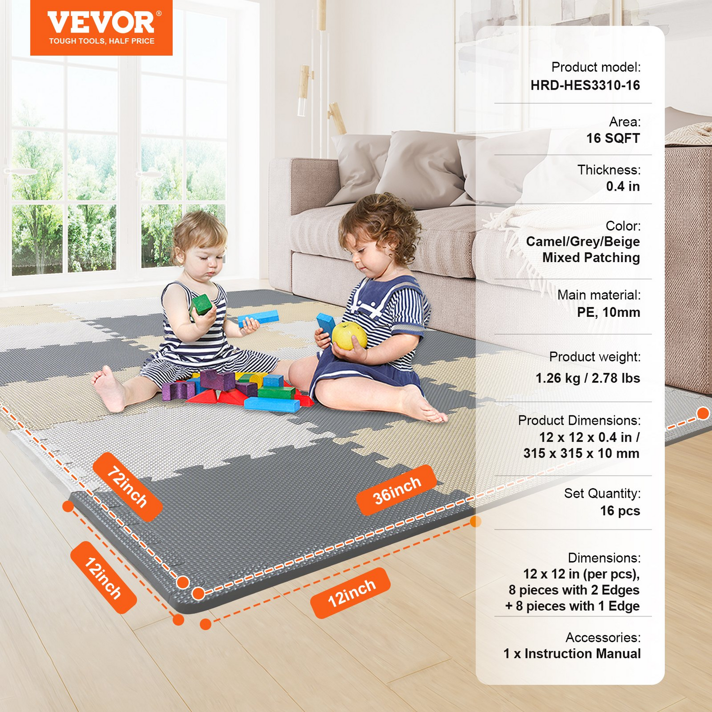 Kids Foam Puzzle Playmat - 16 Soft EVA Interlocking Tiles, 0.4-inch Thick, Shock Absorbent, Soundproof, Easy Assembly