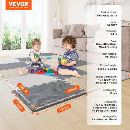 Kids Foam Puzzle Playmat - 16 Soft EVA Interlocking Tiles, 0.4-inch Thick, Shock Absorbent, Soundproof, Easy Assembly