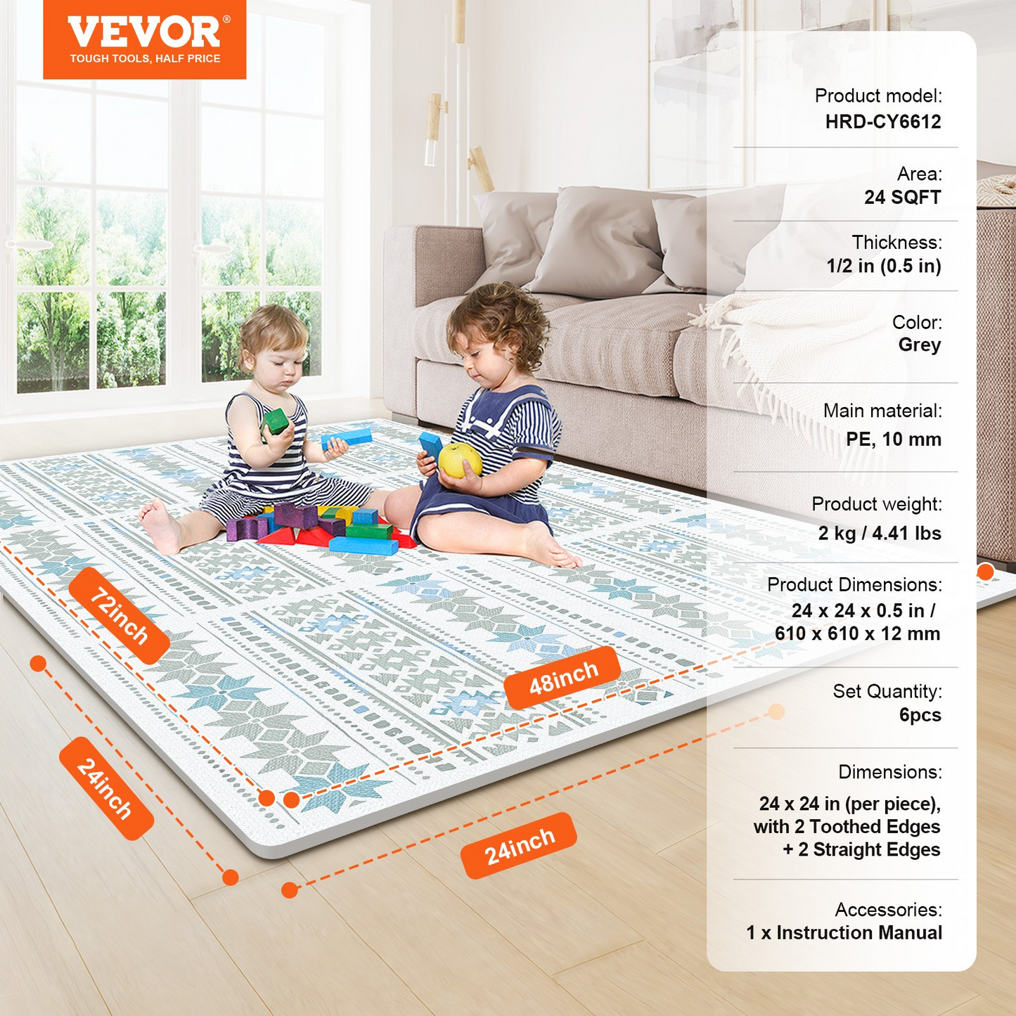 Kids Foam Puzzle Floor Playmat - 0.5" Thick, Interlocking EVA Soft Tiles, 6 Pcs Set, Black with Grey Dots - Safe & Durable Play Area