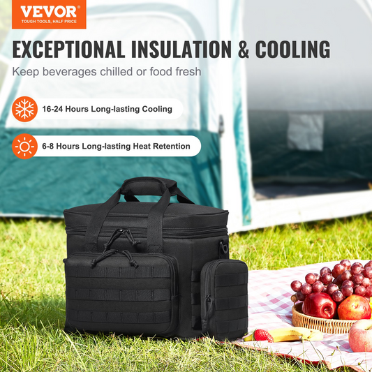 VEVOR 20L Insulated Cooler Bag - Molle Design, Multi-Pocket Soft Lunch Box for Office, Picnic, Hiking, Beach, Black