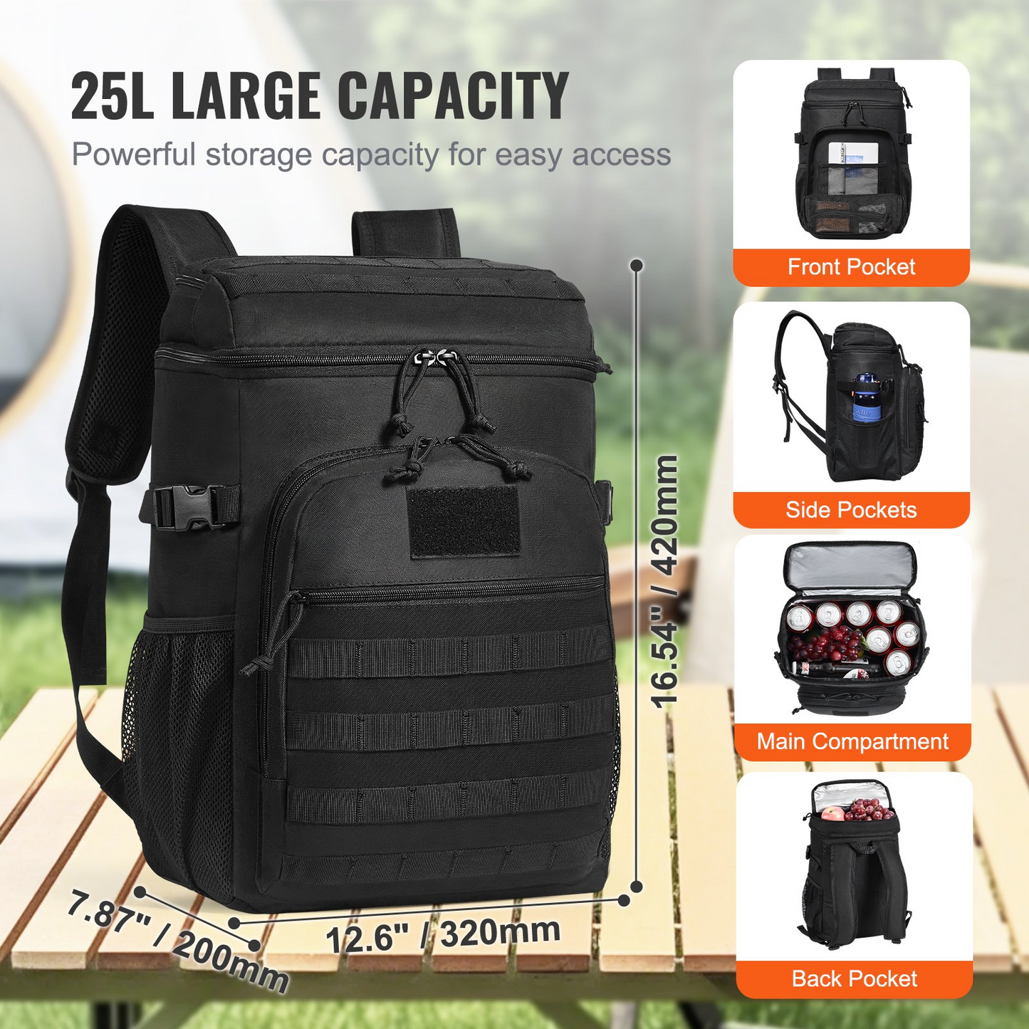 25L Insulated Cooler Bag with Molle Design, Multi-Pocket & Removable Storage - Ideal for Office, Picnic, Hiking, Beach - Black