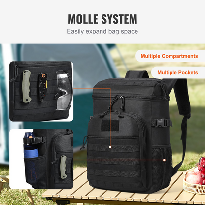 25L Insulated Cooler Bag with Molle Design, Multi-Pocket & Removable Storage - Ideal for Office, Picnic, Hiking, Beach - Black