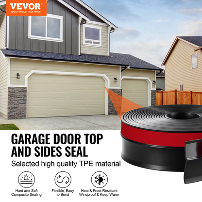 VEVOR Universal Garage Door Top and Sides Seal Strip - 20 FT Weather Stripping, High-Quality TPE, Black