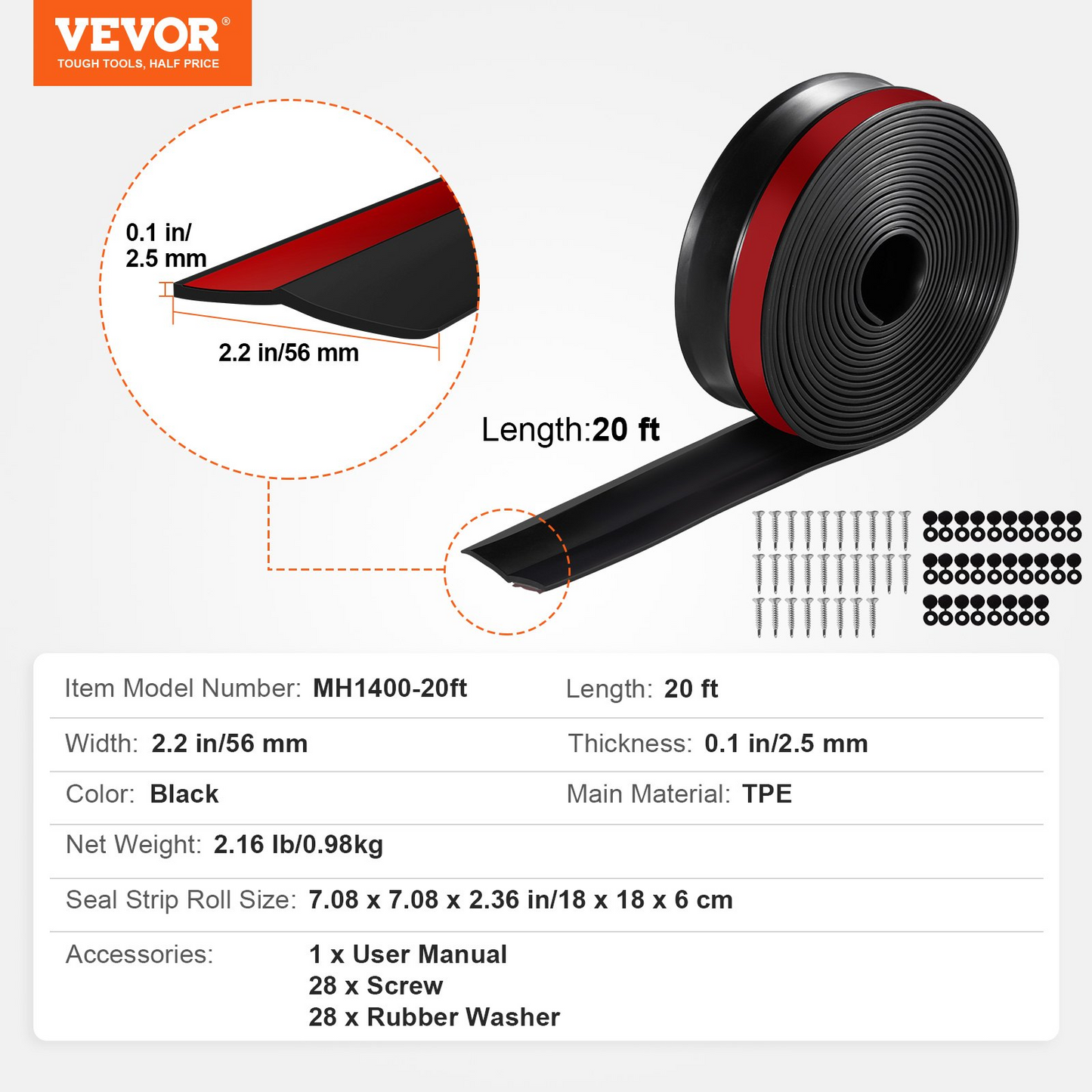 VEVOR Universal Garage Door Top and Sides Seal Strip - 20 FT Weather Stripping, High-Quality TPE, Black