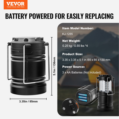 VEVOR LED Camping Lanterns - 4-Pack, Collapsible & Battery Operated - Ultra Bright & Durable for Camping, Hiking & Emergency Situations
