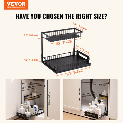 2-Tier Wire Pull Out Cabinet Organizer - Durable Double-Layer Under Sink Storage Basket, 10.7"x14.2" Space-Saving Design for Kitchen and Bathroom