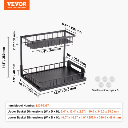 2-Tier Wire Pull Out Cabinet Organizer - Durable Double-Layer Under Sink Storage Basket, 10.7"x14.2" Space-Saving Design for Kitchen and Bathroom