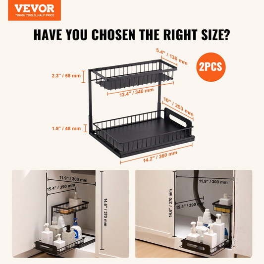 2-Tier Wire Pull Out Cabinet Organizer Under Sink - Space-Saving Drawer Baskets (Set of 2) - Easy Install, Sturdy & Versatile Storage Solution