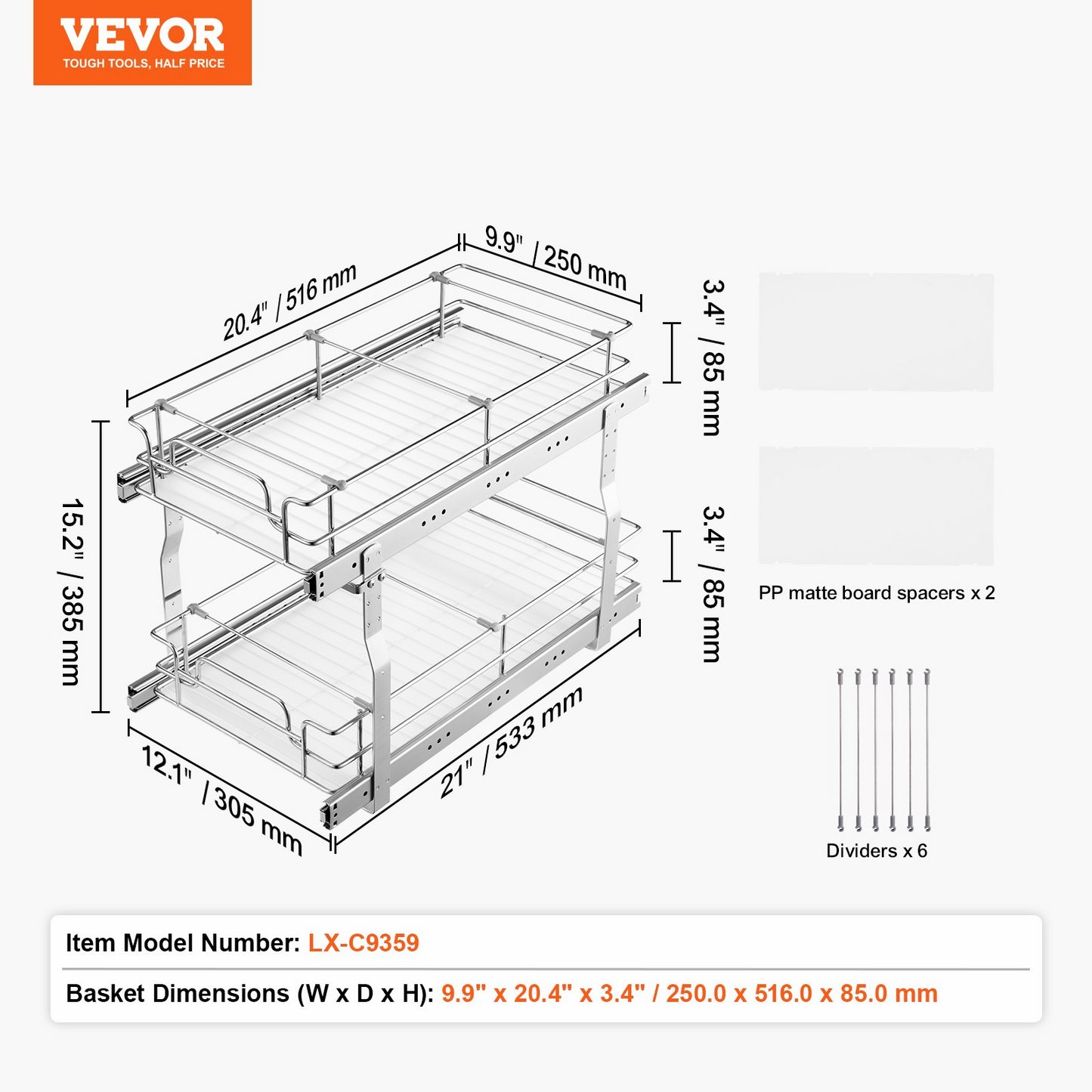 2-Tier Wire Pull Out Under Sink Cabinet Organizer - 12x21 Inch Drawer with Smooth Ball Bearing Rails - Durable and Space-Saving Solution for Kitchen Storage