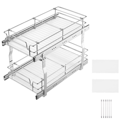 2-Tier Wire Pull Out Under Sink Cabinet Organizer - 12x21 Inch Drawer with Smooth Ball Bearing Rails - Durable and Space-Saving Solution for Kitchen Storage