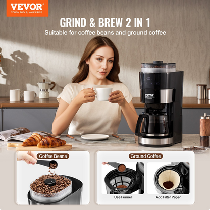 VEVOR 10-Cup Drip Coffee Maker with Stepless Grinding & Adjustable Brew Strength - Perfect for Fresh, Customizable Coffee