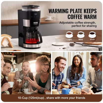 VEVOR 10-Cup Drip Coffee Maker with Stepless Grinding & Adjustable Brew Strength - Perfect for Fresh, Customizable Coffee